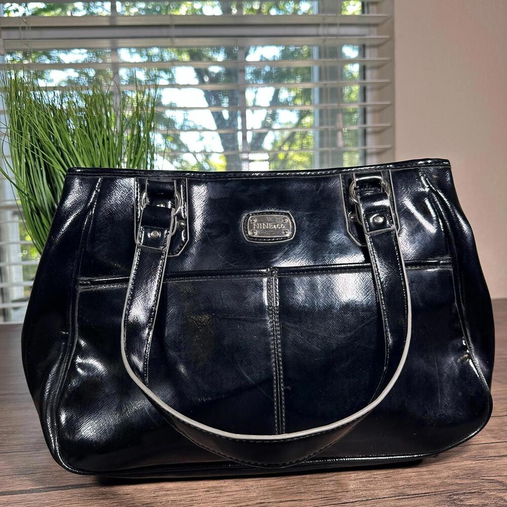 Nine & Co Black Patent Handbag 13x5x9.5” Lots of Pockets Shoulder Tote Purse